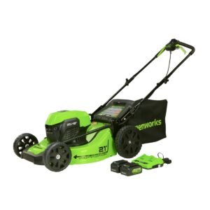 CORTACÉSPED A LITIO GREENWORKS AUTOPROPULSADA 21″, INCLUYE KIT CON 2 BATERIAS  2 CARGADORES